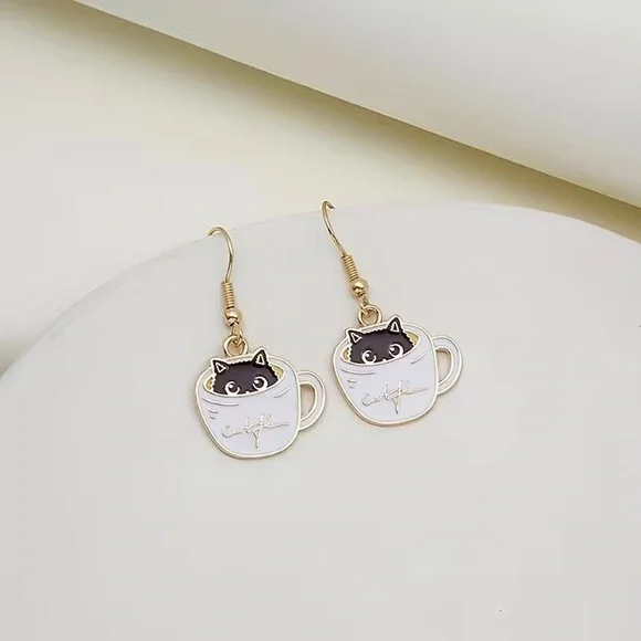 Coffee Cat Lover Cafe Dangling Gold Earrings Limited Edition Kawaii Kitty Gift - Picture 3 of 9